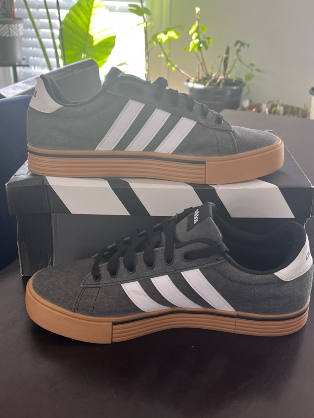 adidas Men’s Gray Canvas Sneakers with White Stripes and Gum Sole